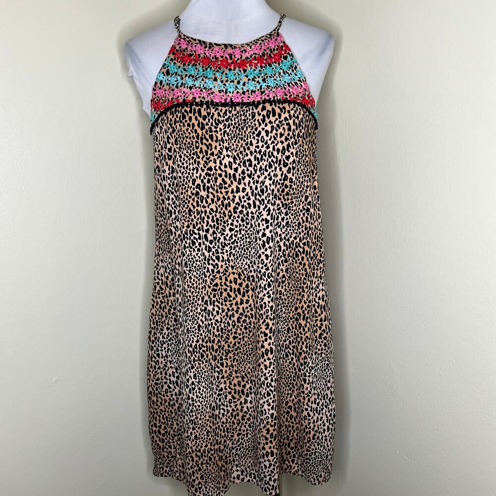 Savanna Jane Shift Dress w Pockets Medium Leopard Embroidered Floral Mini Animal